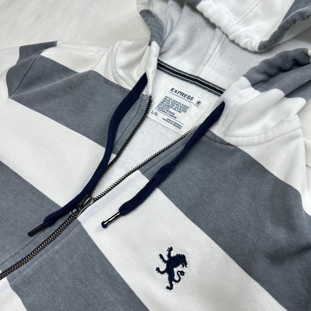Express Mens Striped Full Zip Hoodie Grey White Lion Logo Fleece Sweatshirt L